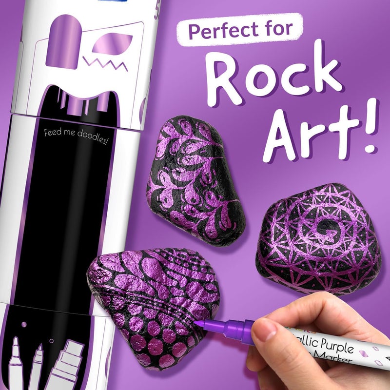 Funcils 5 Metallic Acrylic Purple Paint Pen - Extra Fine Tip, Thin & Jumbo (1mm, 3mm, 6mm, 10mm, 15mm) - Markers for Fabric, Metal, Plastic, Canvas, Wood, Rock Painting, Glass, Purple Permanent Marker - Image 3